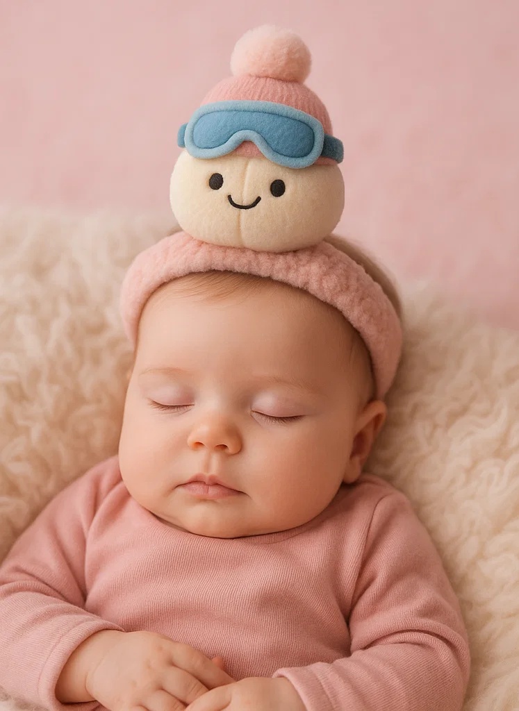 Diadema de Peluche para Bebé con Gorro Rojo y Gafas de Esquí | Accesorio de Invierno Suave y Adorable