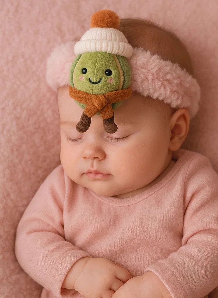 Winter Wonderland Baby Headband with Plush Toy – Cozy Knit Hat and Scarf Design