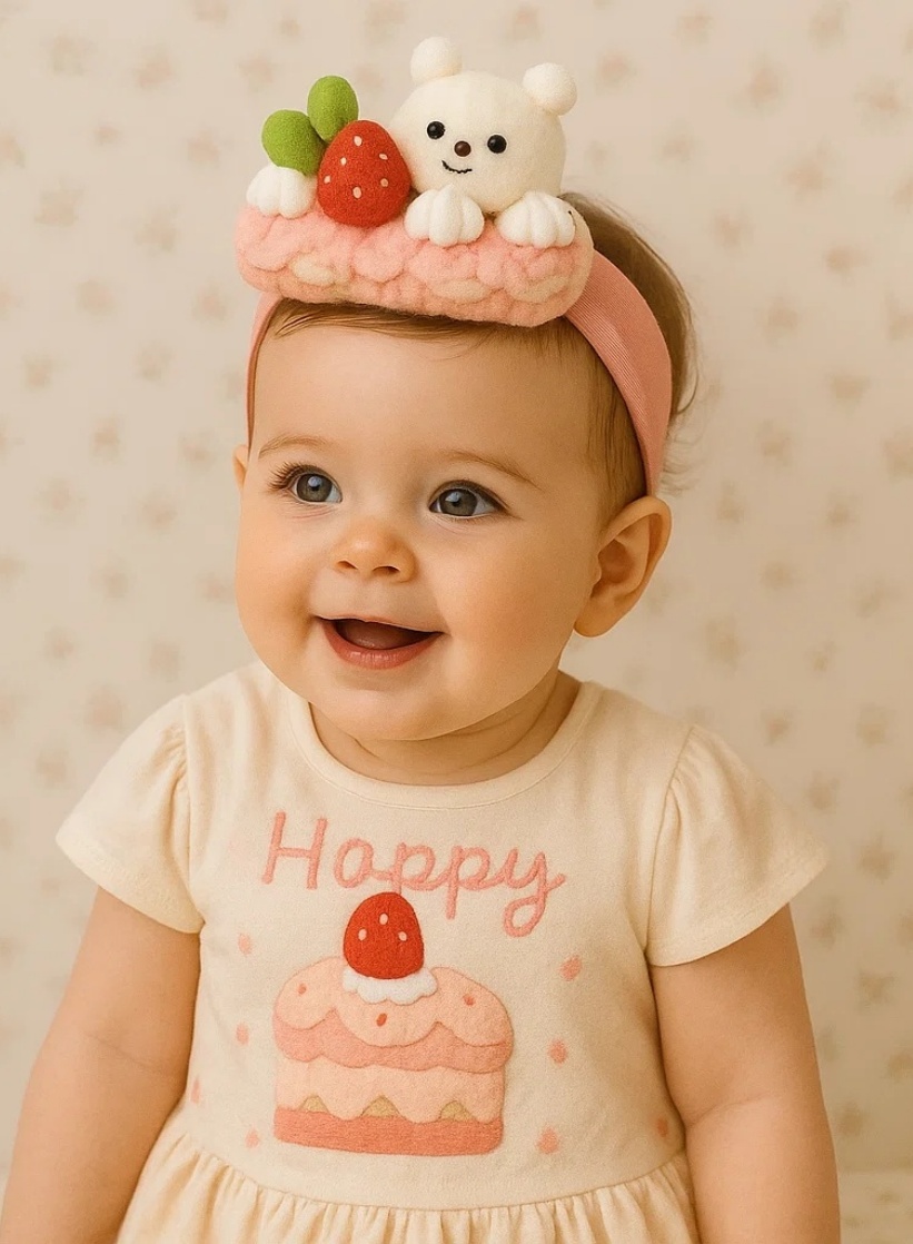 Diadema para bebé con pastel rosa de cumpleaños, fresas y velas