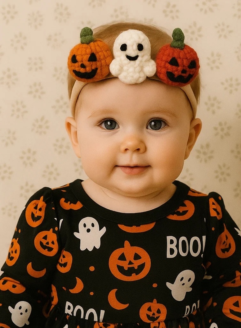 Spooky Fun: Baby Headband with Crochet Ghost and Pumpkin Duo