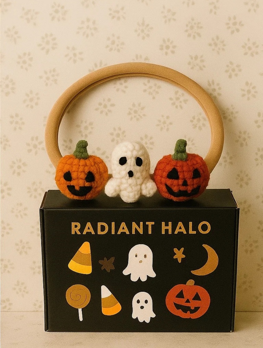 Spooky Fun: Baby Headband with Crochet Ghost and Pumpkin Duo
