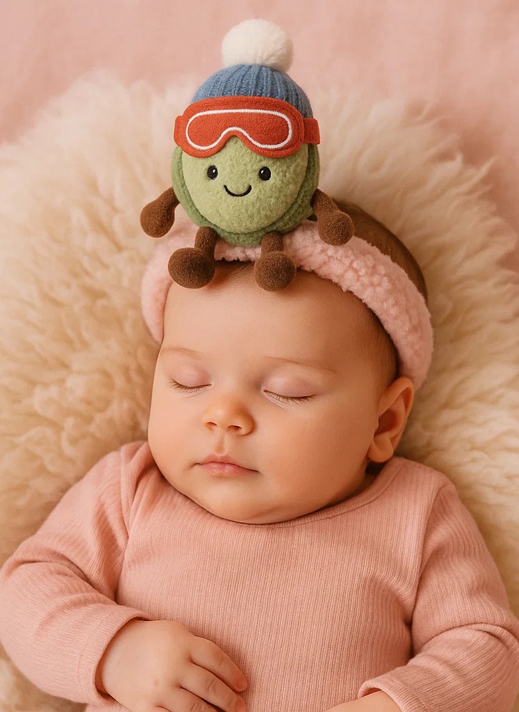 Snowy Mountain Baby Headband with Plush Toy – Ski Goggles and Knit Hat