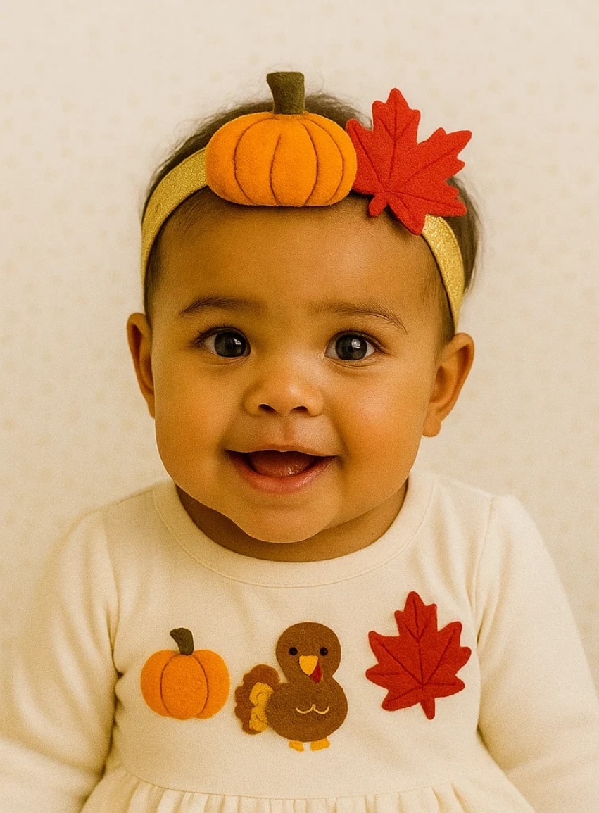 Gold Leaf Baby Headband with Pumpkin and Turkey – Radiant Halo Fall Gift