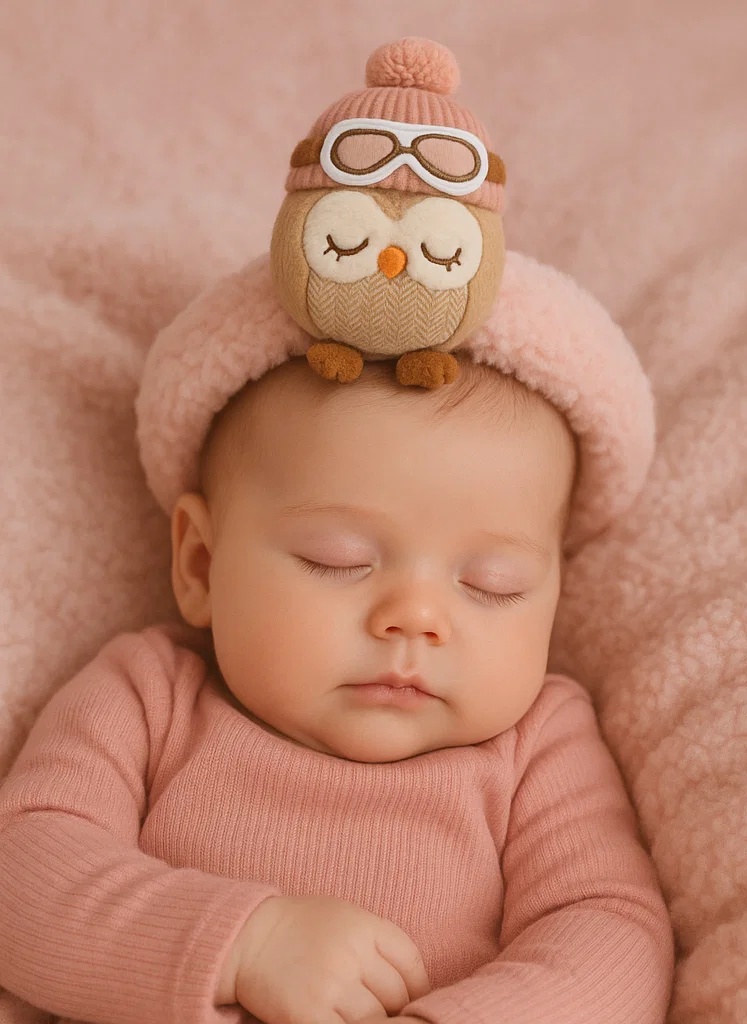 Bandeau bébé hibou endormi avec bonnet d’hiver en peluche