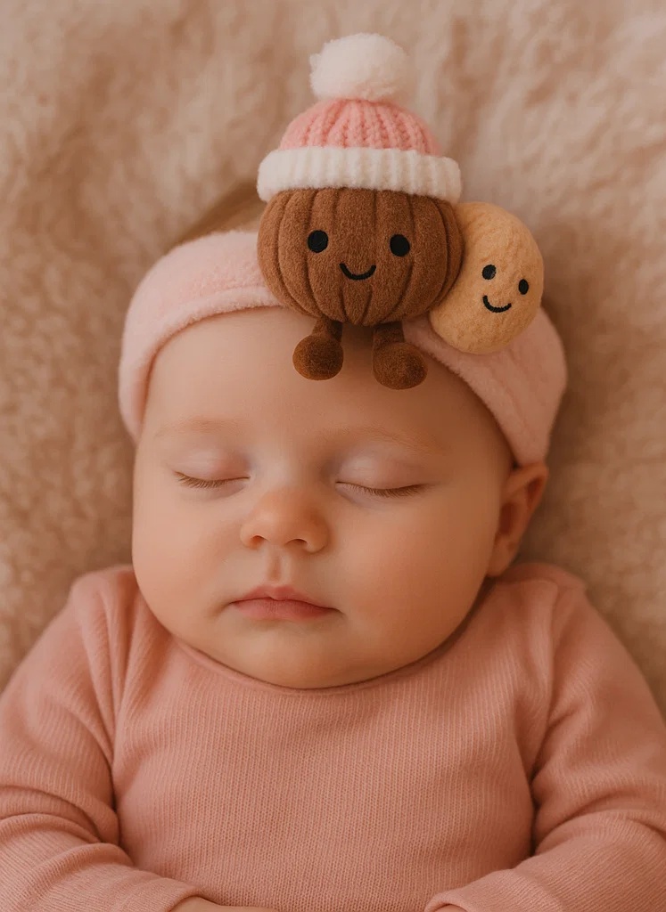 Diadema para bebé con peluche de nueces gemelas – Modelo de invierno con gorro rosa y pompón