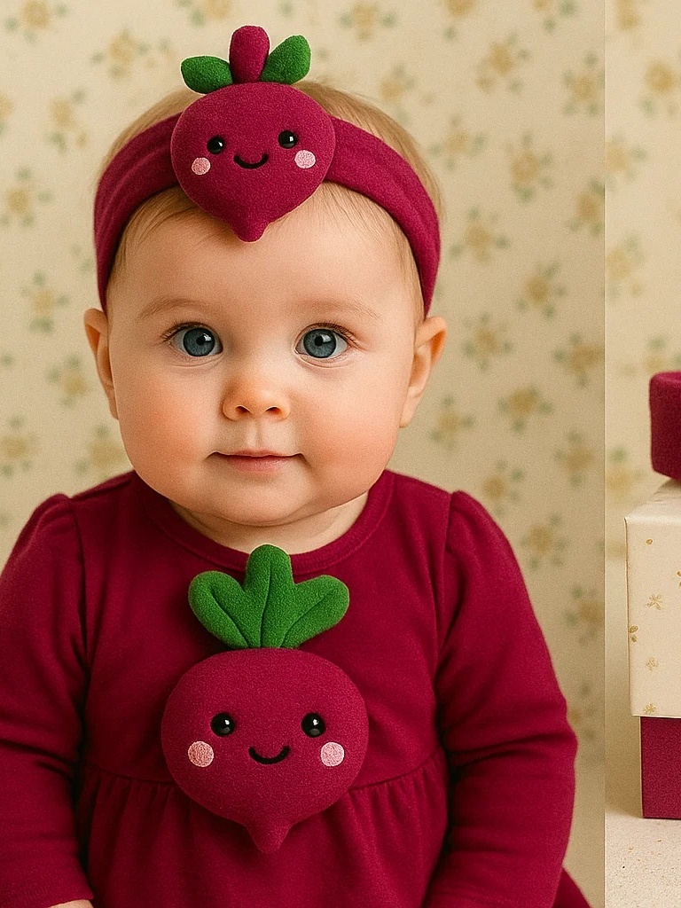 Cute Beetroot Baby Headband with Green Leaves
