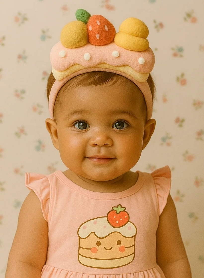 Faixa de cabelo para bebê com bolo e cobertura de frutas