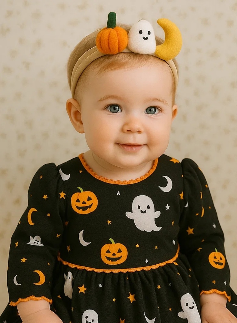 Sweet and Spooky: Baby Headband with Crochet Pumpkin, Ghost, and Crescent Moon