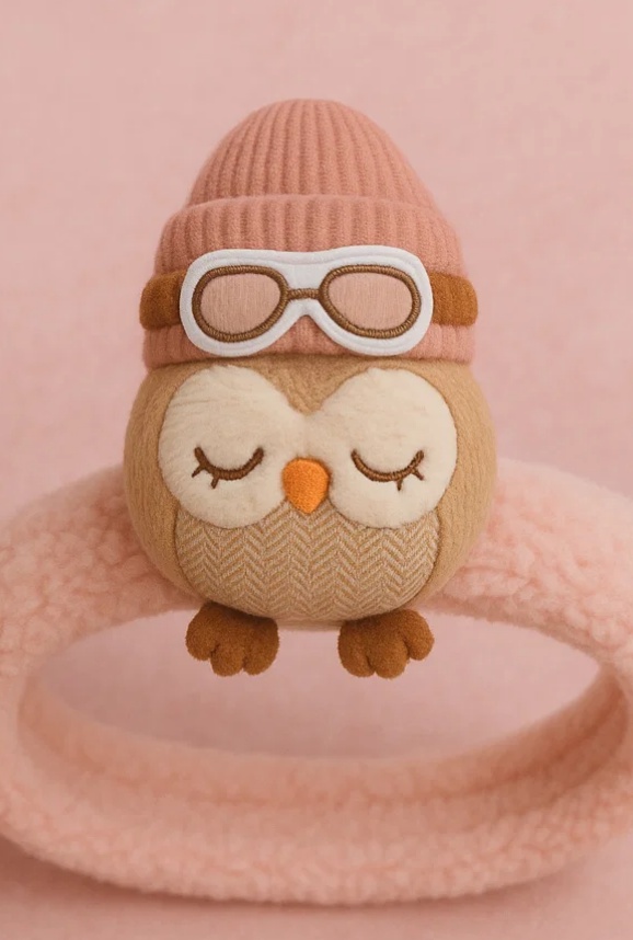 Bandeau bébé hibou endormi avec bonnet d’hiver en peluche