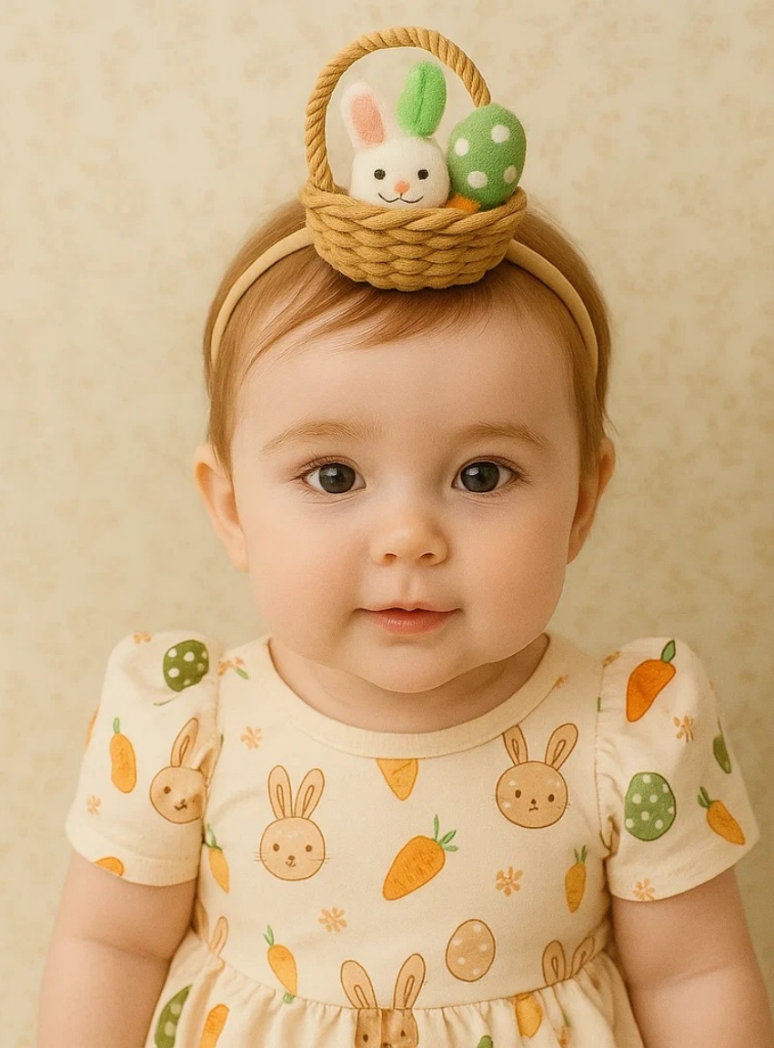 Tiara de Páscoa para Bebê com Coelho de Pelúcia e Ovo Verde