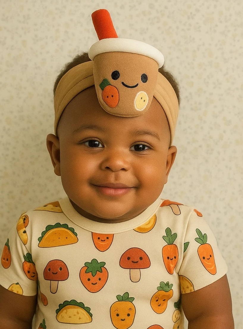 Bubble Tea Baby Headband with Colorful Straw and Fruits
