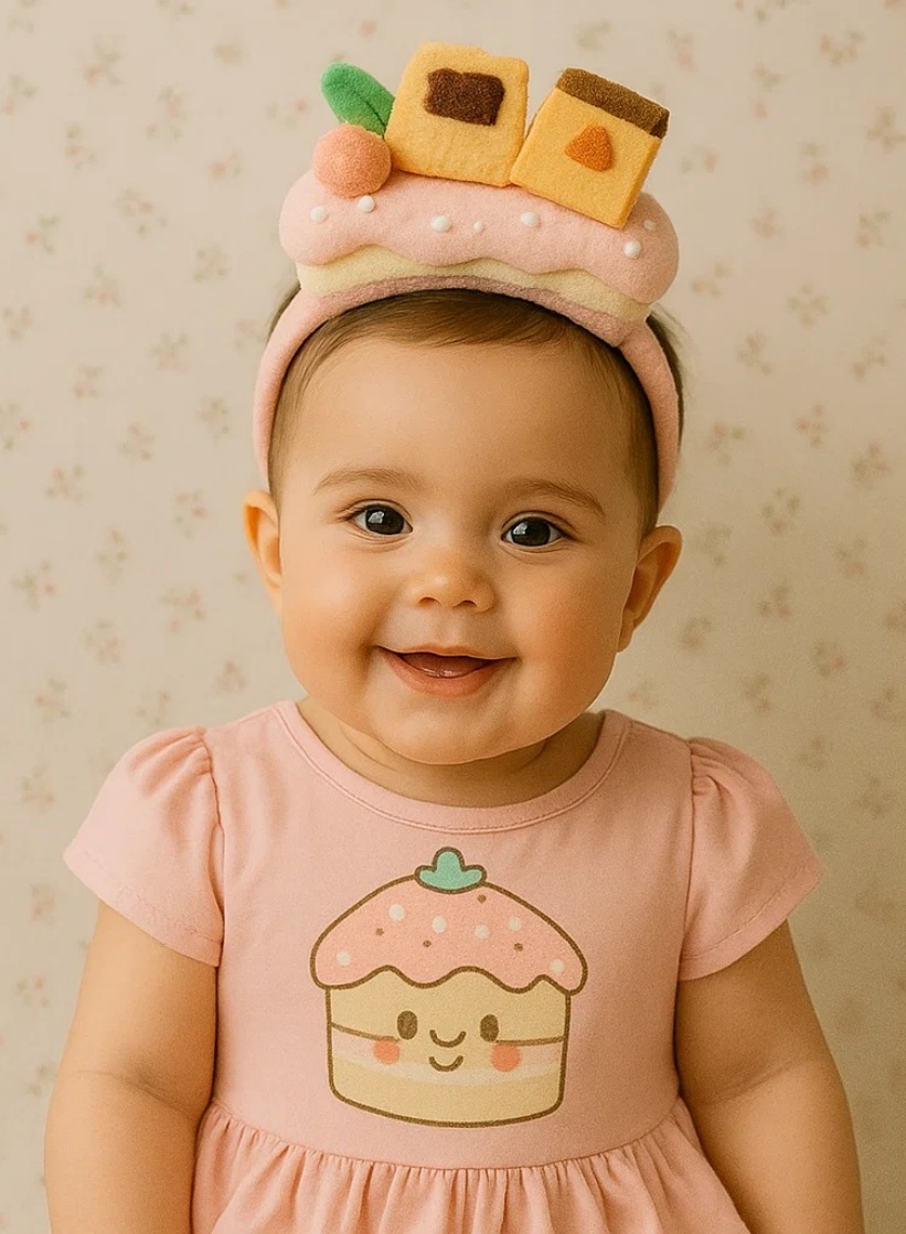 Față de cap pentru bebeluși cu design de tort dulce și fructe