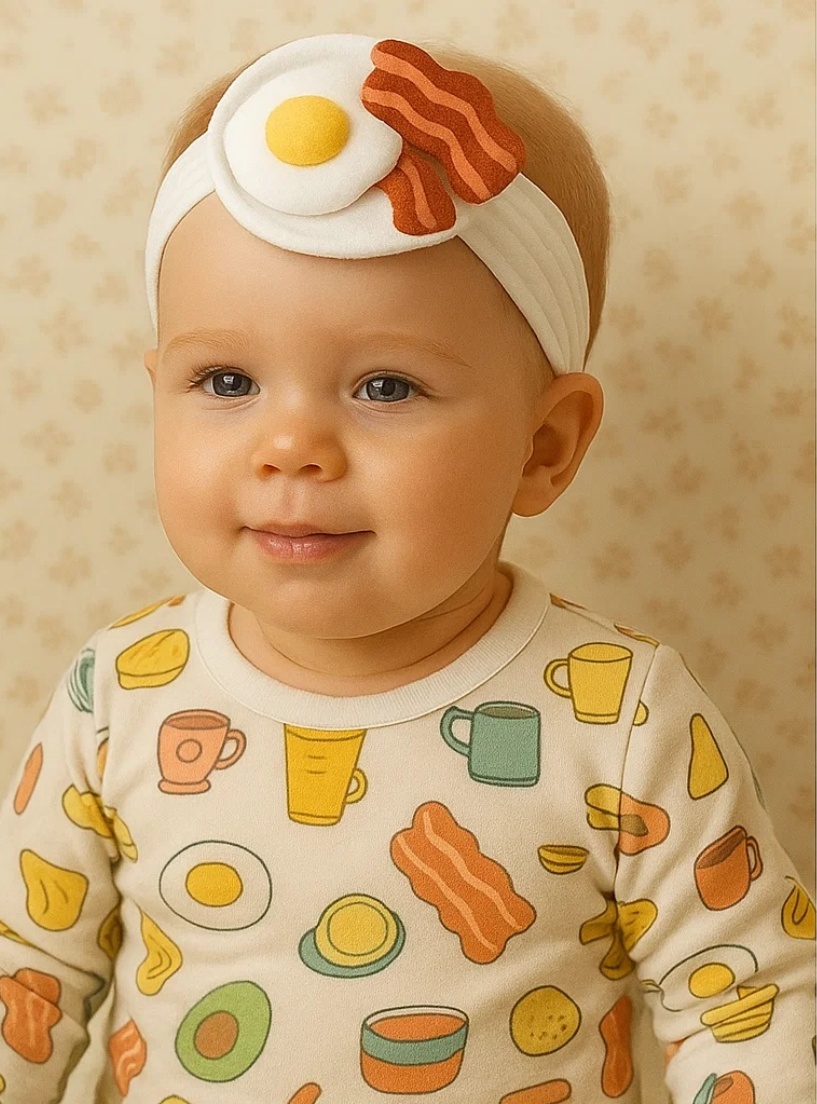 Baby Headband – Sunny Side Up with Bacon