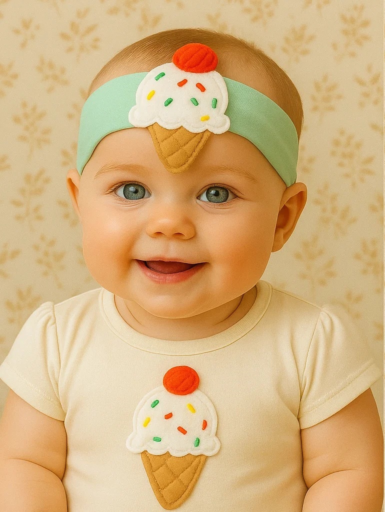Ice Cream Cone Baby Headband with Red Cherry Accent