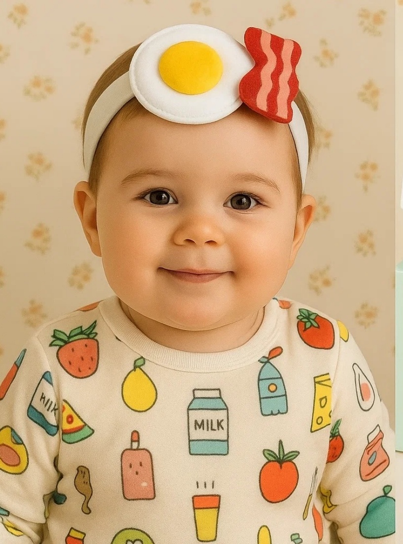 Tiara para bebê – Ovo frito e bacon