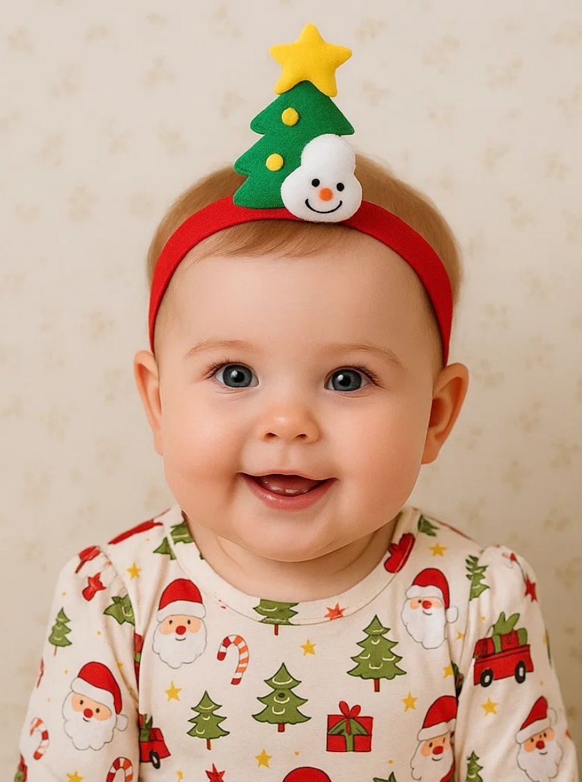 Cinta Navideña para Bebés con Árbol y Muñeco de Nieve – Accesorio Fotográfico de Fiesta