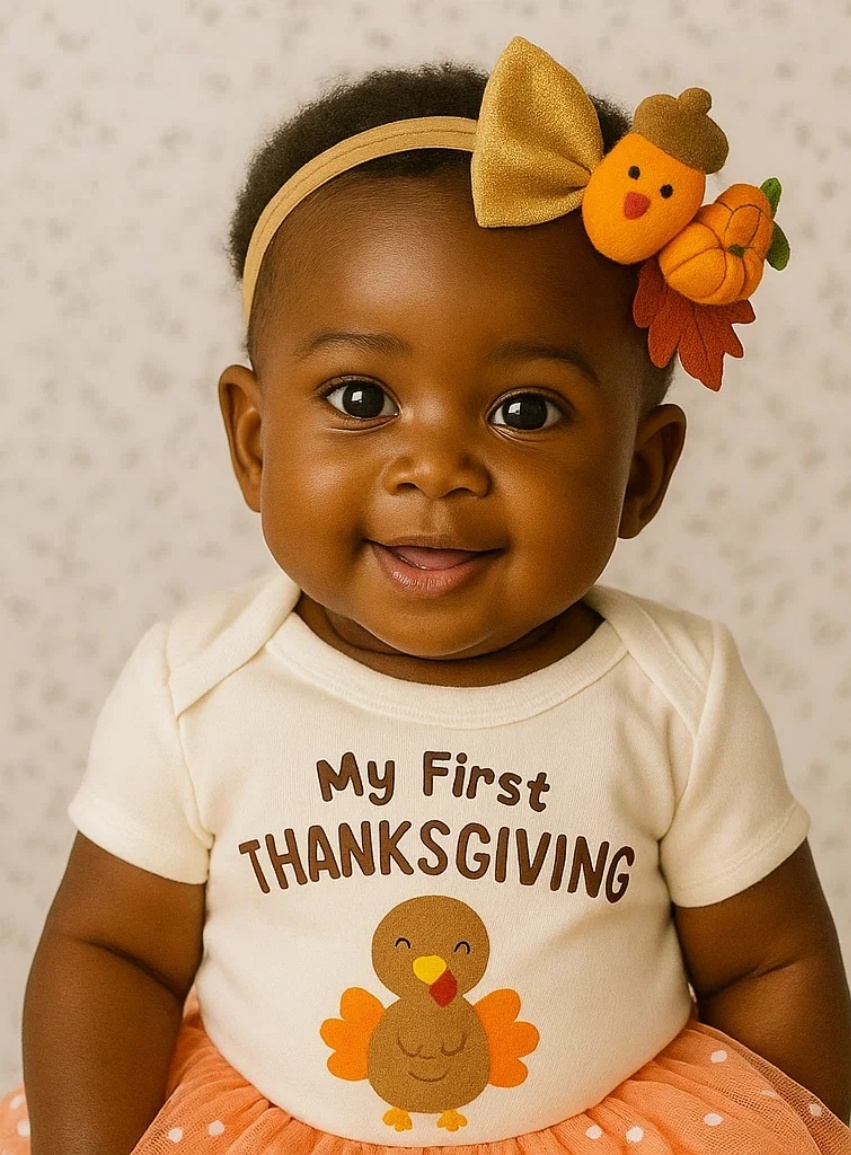 Bandeau Bébé Automnal avec Dinde, Glands et Citrouilles – Élégance de Thanksgiving
