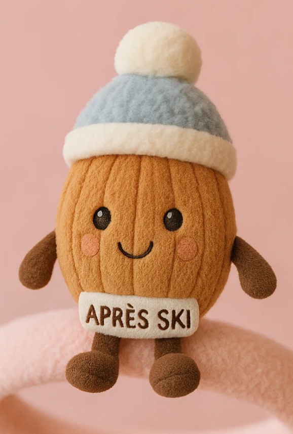 Dětská plyšová čelenka ve tvaru ořechu – Zimní design se snowboardovými brýlemi