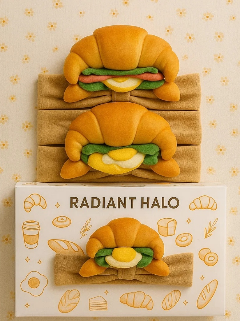 クロワッサンとベーコンのベビー用ヘアバンド：美味しそうな朝食のアクセサリー