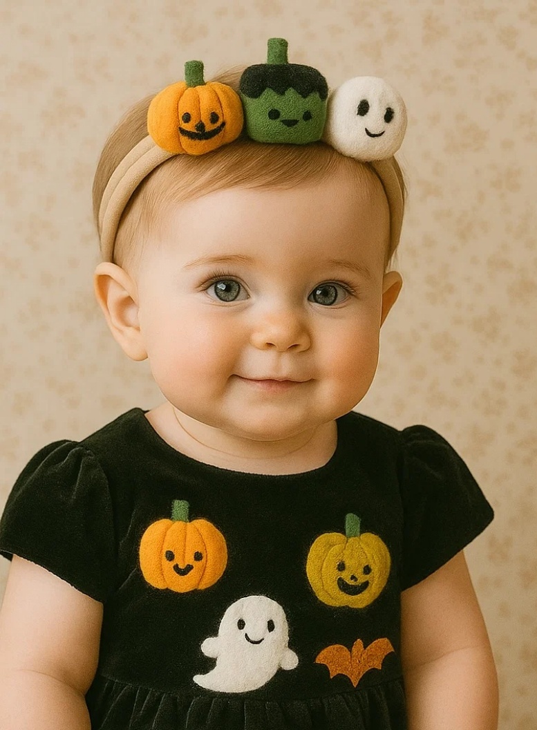 Trick or Treat: Dětská čelenka s Háčkovaným Duchem, Dýní a Kostlivcem