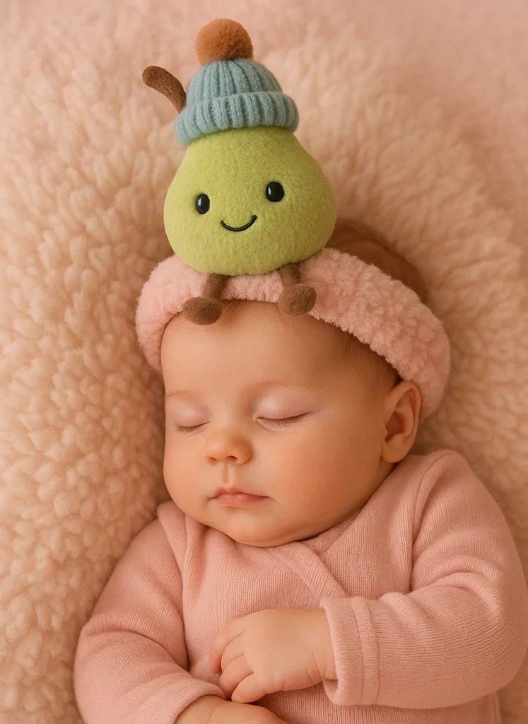 Plüsch-Baby-Stirnband - Birne mit Wintermütze