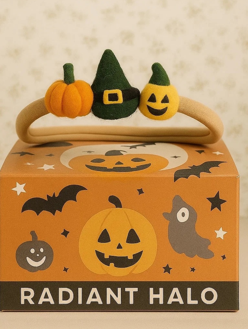 Armastatud beebi peapael kõrvitsaga, nõia mütsi ja kummitusega Halloweeniks