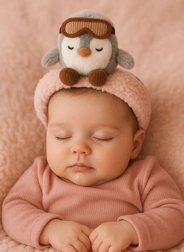 Sleepy Penguin Plush Baby Headband with Winter Goggles