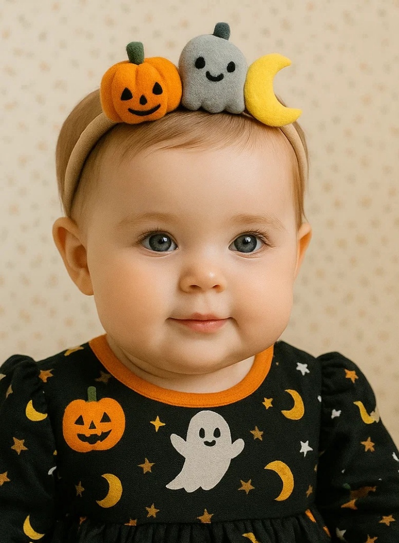 Spooky Fun: Baby Headband with Crochet Pumpkin, Ghost, and Crescent Moon