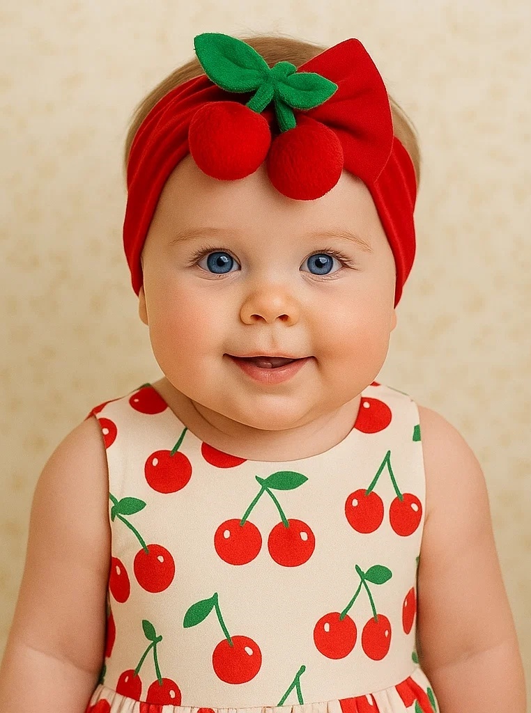 Tiara de bebê com cerejas de pelúcia em tecido macio – RADIANT HALO