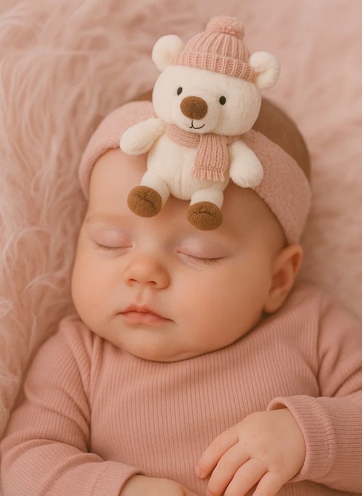 Snowy Bear Plush Baby Headband with Pink Hat and Scarf