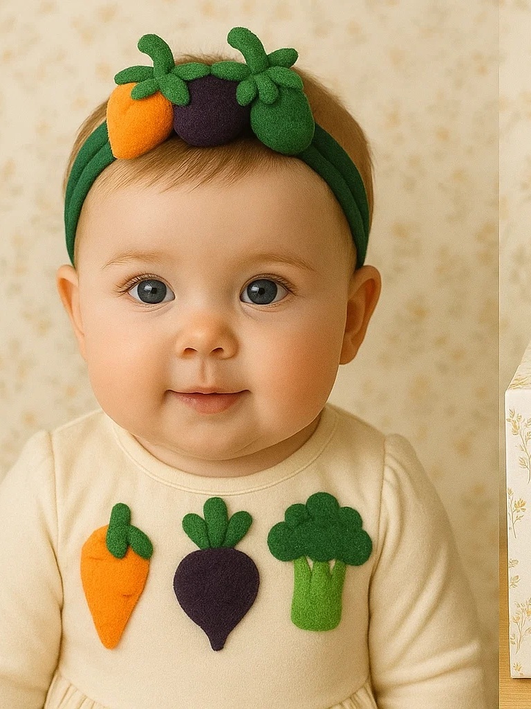 Cute Baby Headband Set with Carrot, Eggplant, and Pea Designs