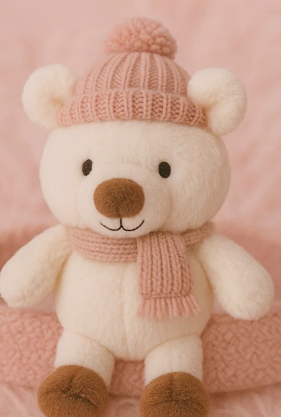 Snowy Bear Plush Baby Headband with Pink Hat and Scarf