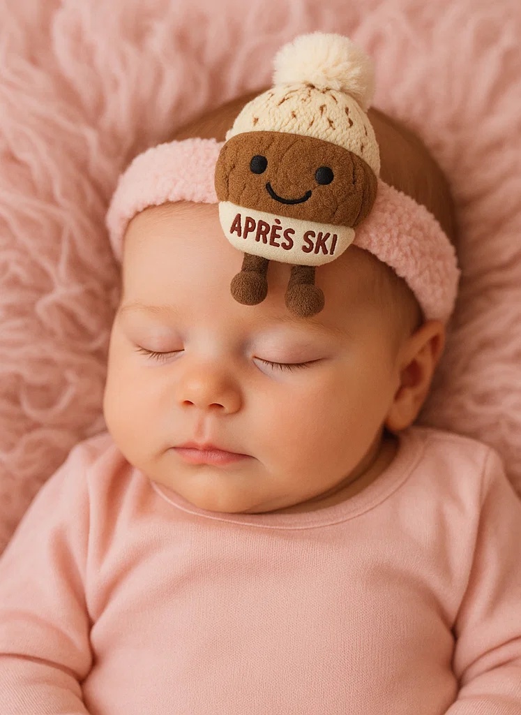 Baby-Stirnband mit Plüschfigur (Après Ski Design) – Weiches und stilvolles Accessoire für Babys, perfekt als Geschenk
