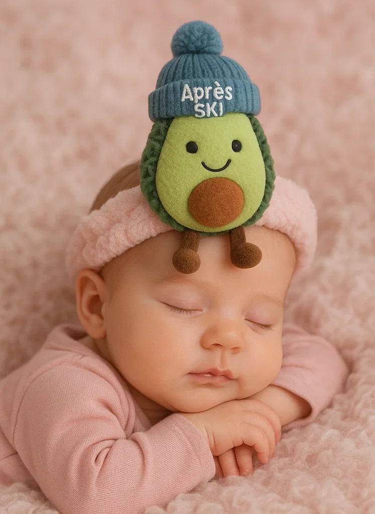 Diadema de Bebé con Muñeco de Peluche (Diseño de Aguacate con Gorro) – Accesorio Original y Divertido para Niños