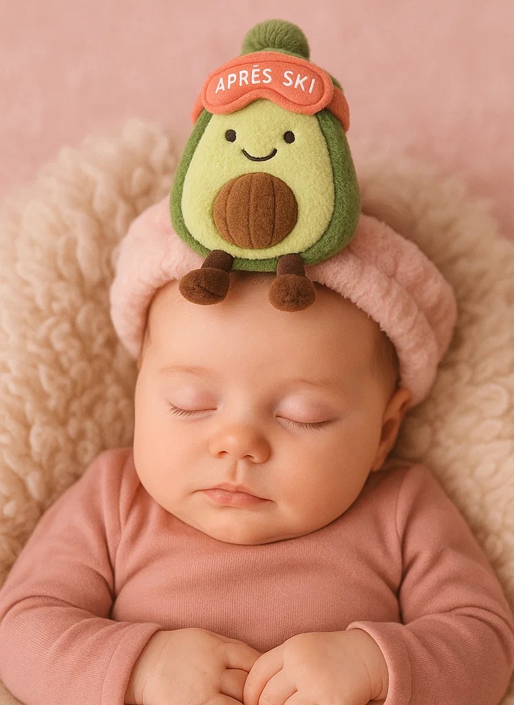 Tiara de Bebê com Pelúcia (Abacate com Gorro) – Acessório Fofo e Confortável para Bebês