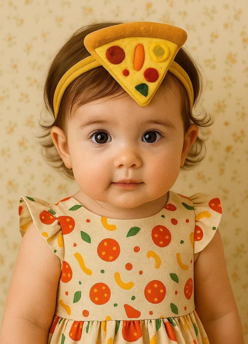 Radiant Halo's lindo diadema para bebé con diseño de pizza (hongos y pepperoni).