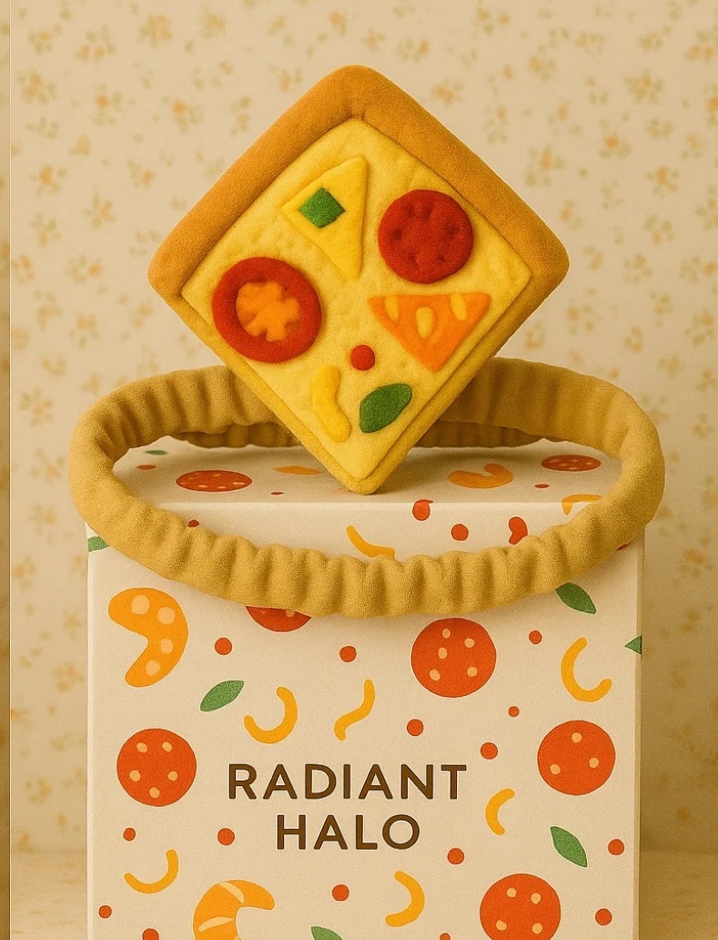 Radiant Halo's lindo diadema para bebé con diseño de pizza (hongos y pepperoni).