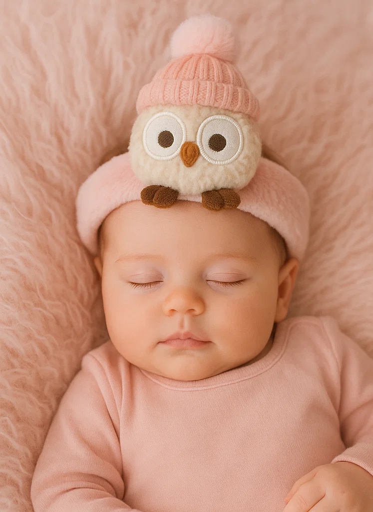 Blushing Owl Plush Baby Headband with Pink Knit Hat