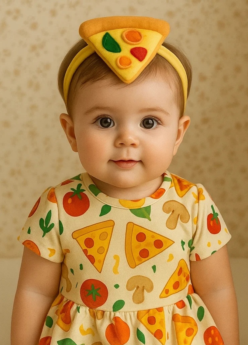 Diadema para bebê Radiant Halo com fatia de pizza (pepperoni e cogumelos).
