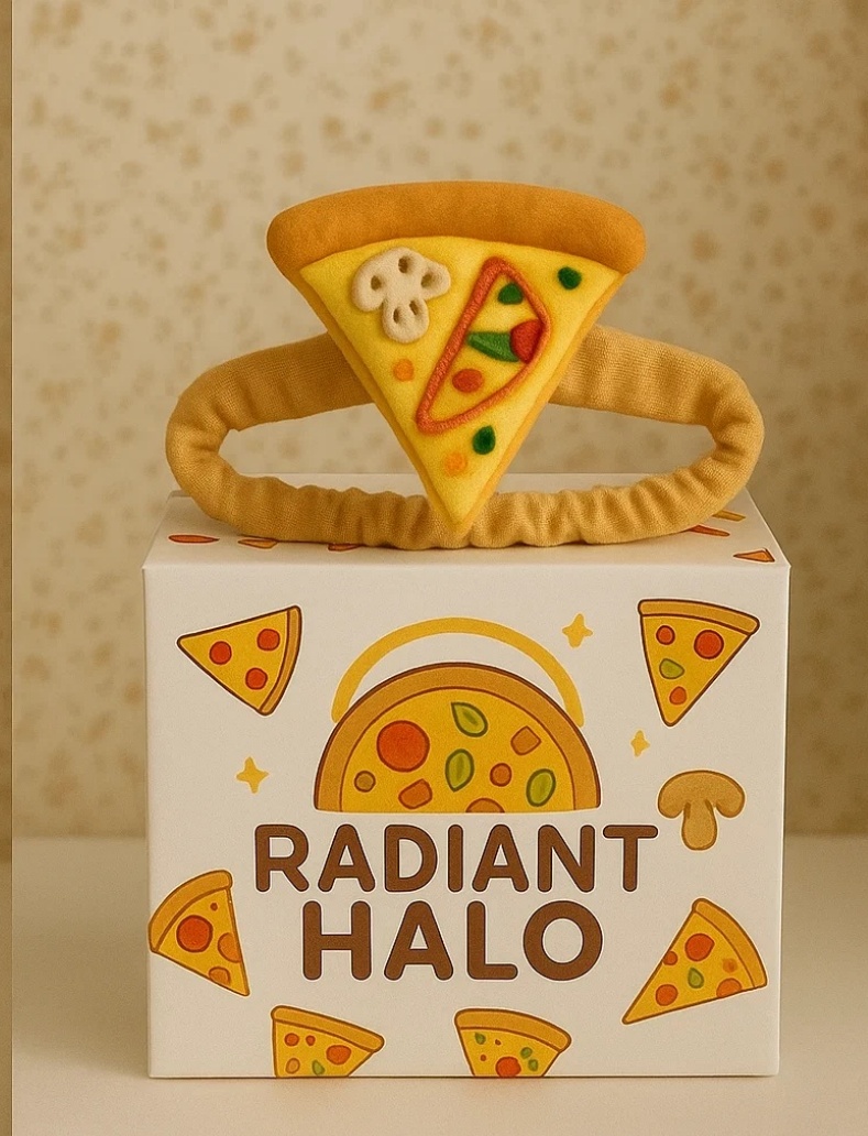 Diadema para bebê Radiant Halo com fatia de pizza (pepperoni e cogumelos).