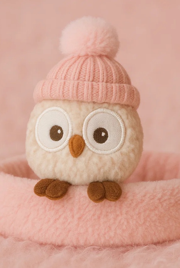 Blushing Owl Plush Baby Headband with Pink Knit Hat