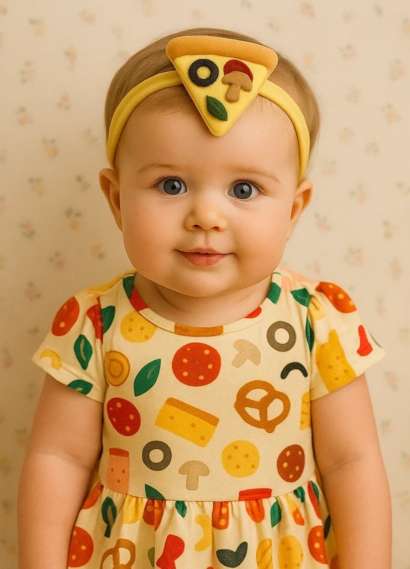 Diadema pentru bebeluși Radiant Halo cu felie de pizza (măsline și ciuperci).