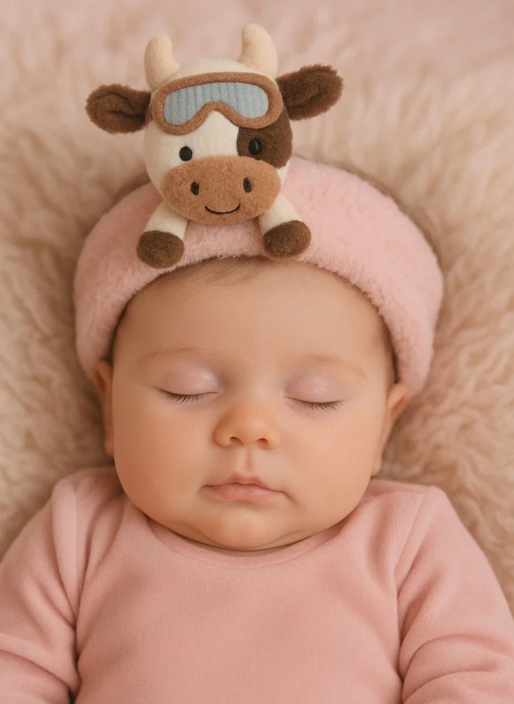 Plush Cow Baby Headband with Ski Goggles and Knitted Hat
