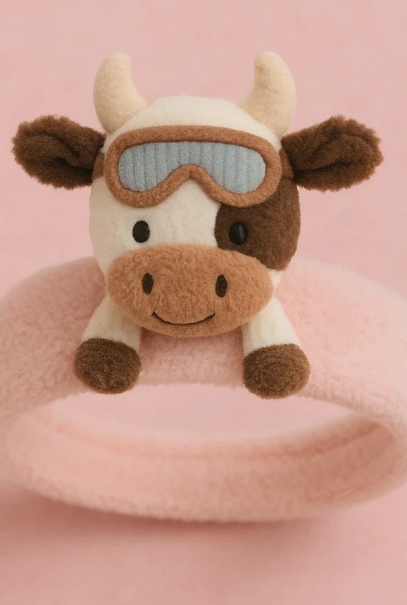 Plush Cow Baby Headband with Ski Goggles and Knitted Hat