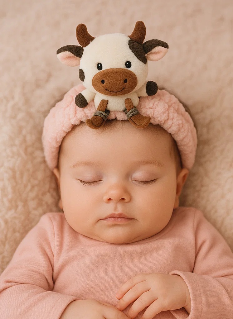 Plush Cow Baby Headband with Knitted Hat and Boots for Baby