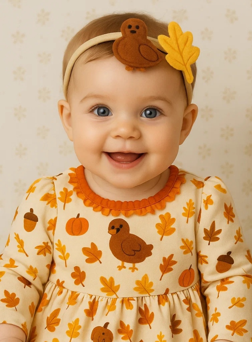 Autumn Turkey Baby Headband with Pumpkin and Leaf