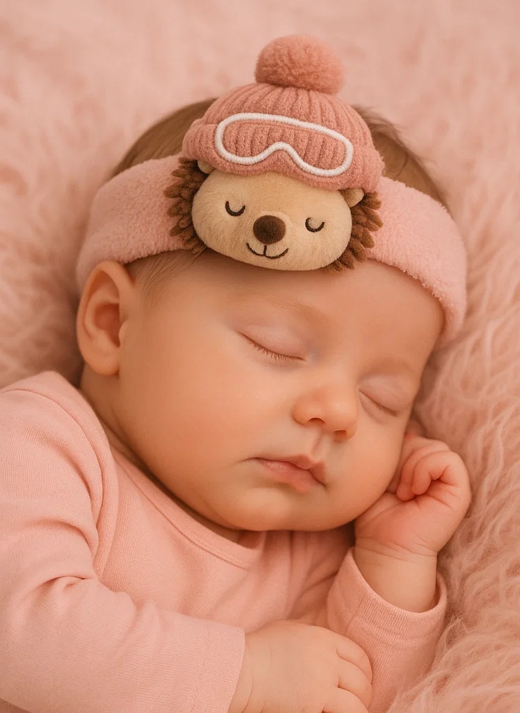 Plush Lion Baby Headband with Pink Knitted Hat and Ski Goggles