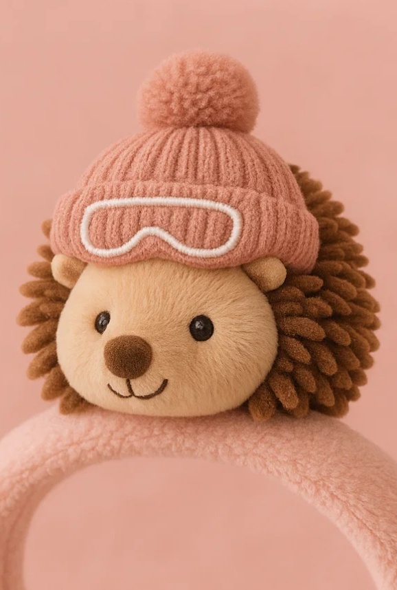 Plush Lion Baby Headband with Pink Knitted Hat and Ski Goggles