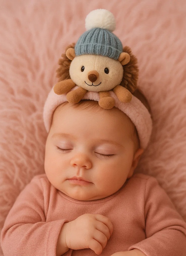 Plush Lion Baby Headband with Blue Knitted Hat and Pom-Pom