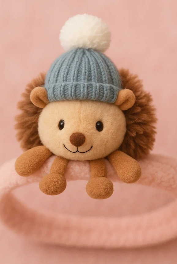 Plush Lion Baby Headband with Blue Knitted Hat and Pom-Pom